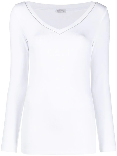 Shop Brunello Cucinelli Beaded Neckline Long-sleeve Top In White