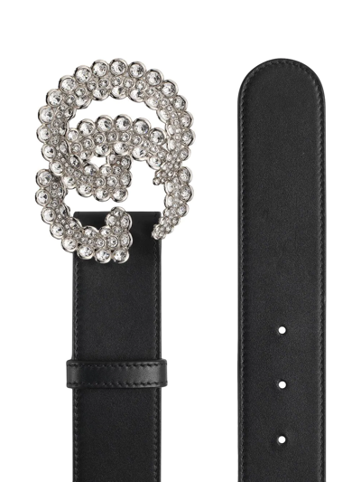 Shop Gucci Gg Crystal Leather Belt In Black