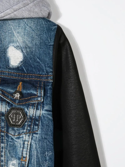 Shop Philipp Plein Junior Layered Hooded Denim Jacket In Blue