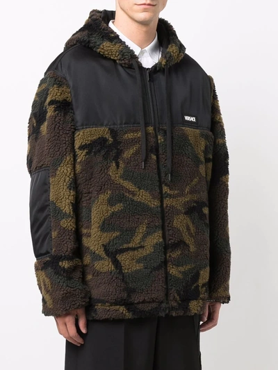 Shop Versace Camouflage Fleece Hooded Jacket In 绿色