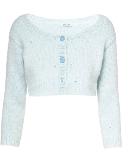 Shop Miu Miu Embellished Cropped Cardigan In Blue