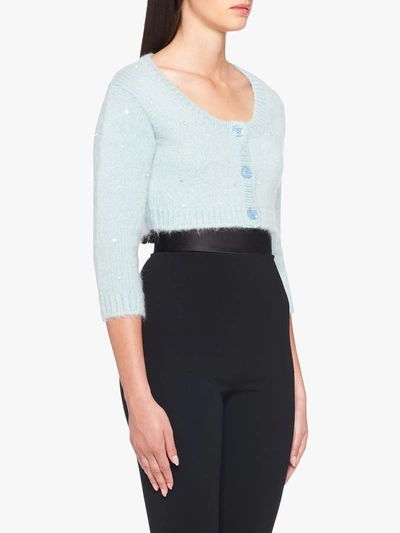 Shop Miu Miu Embellished Cropped Cardigan In Blue