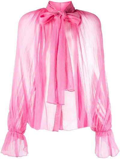 Shop Atu Body Couture Semi-sheer Pussybow Silk Blouse In Rosa