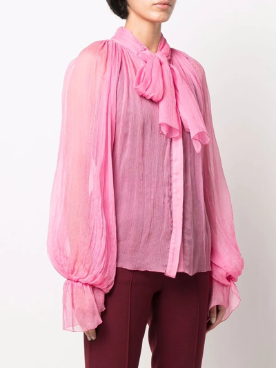 Shop Atu Body Couture Semi-sheer Pussybow Silk Blouse In Rosa