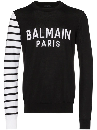 Shop Balmain Logo Knit Contrast-sleeve Jumper In Black