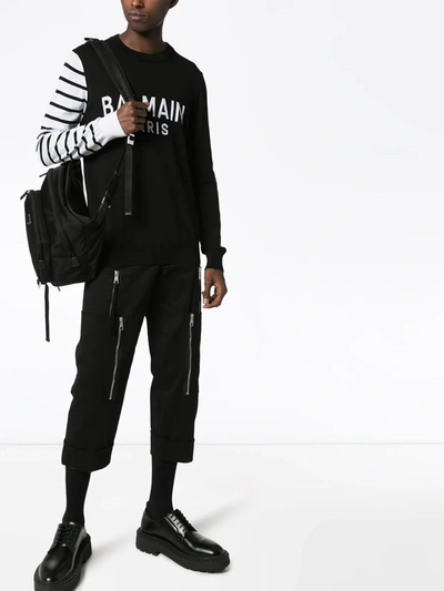 Shop Balmain Logo Knit Contrast-sleeve Jumper In Black