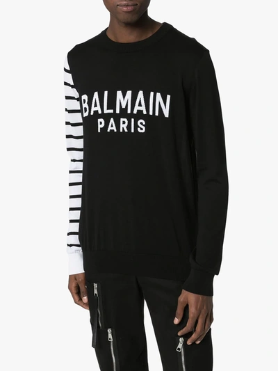 Shop Balmain Logo Knit Contrast-sleeve Jumper In Black