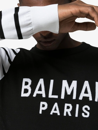 Shop Balmain Logo Knit Contrast-sleeve Jumper In Black