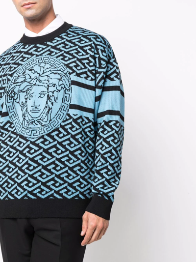 Shop Versace La Greca Medusa Jacquard Jumper In Blue