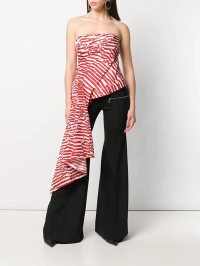 Halpern Asymmetric Strapless Draped Striped Faille Top In Red