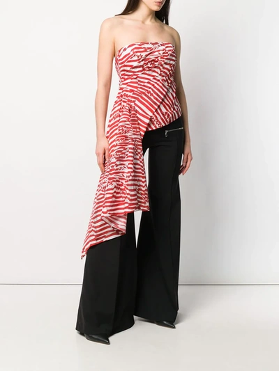 Halpern Asymmetric Strapless Draped Striped Faille Top In Red