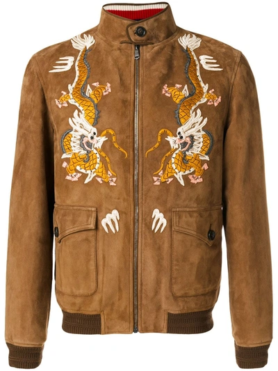 Shop Gucci Dragon Embroidered Jacket In Brown