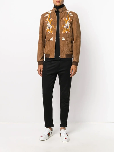 Shop Gucci Dragon Embroidered Jacket In Brown