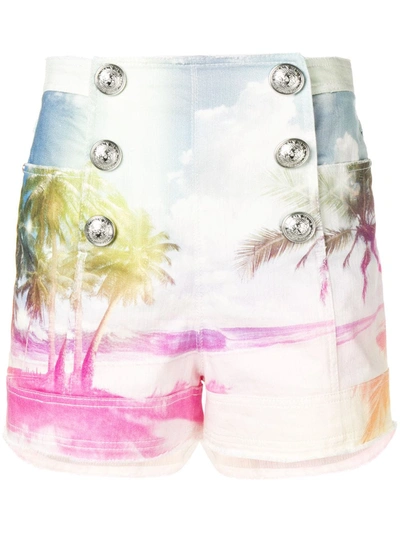 Shop Balmain Printed Denim Shorts In Blue