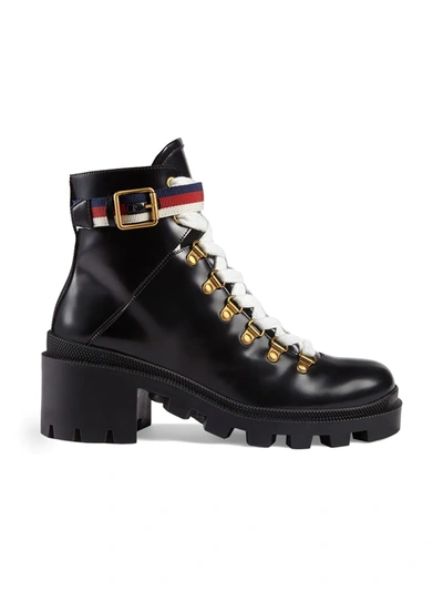 Gucci Grosgrain-trimmed Leather Ankle Boots In Black