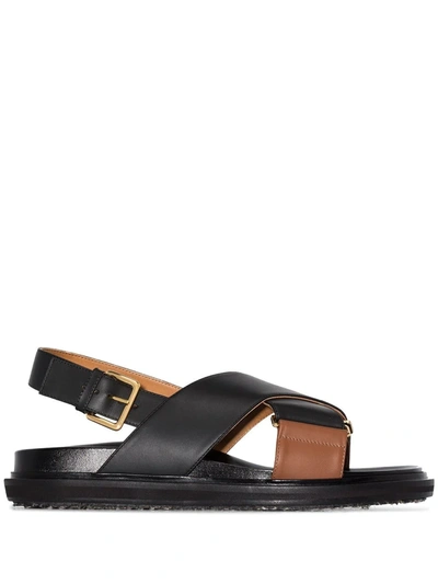 Shop Marni Fussbet Crossover-strap Sandals In Black ,brown