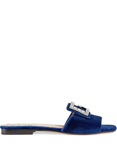 Shop Gucci Velvet Slides With Crystal G In Blue