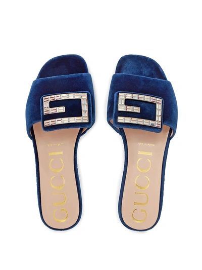 Shop Gucci Velvet Slides With Crystal G In Blue