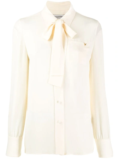 Shop Valentino V-gold Pussybow Blouse In Neutrals