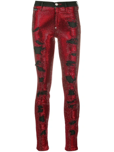Shop Philipp Plein Crystal Embellished Skinny Jeans In Red