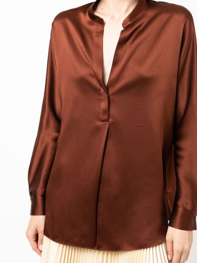 Shop Vince Long-sleeve Silk Blouse In Braun
