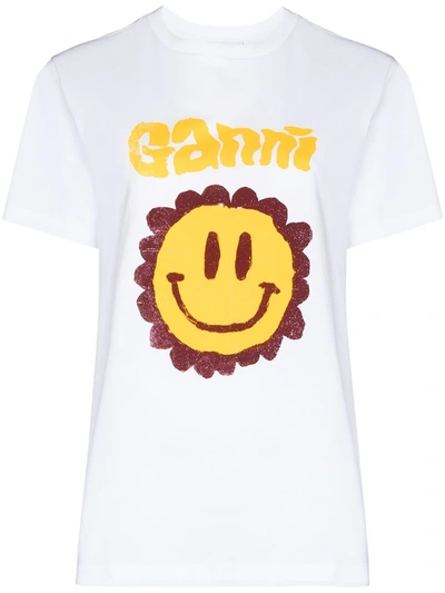 Shop Ganni Flower Smiley Print T-shirt In 白色