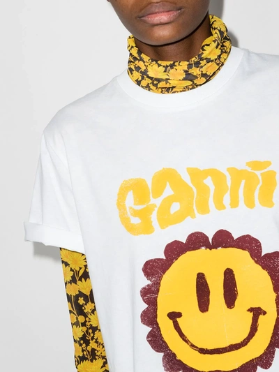 Shop Ganni Flower Smiley Print T-shirt In 白色