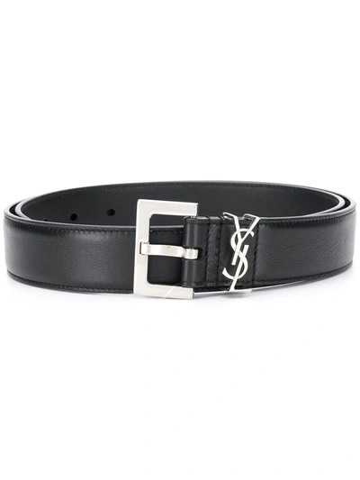 Shop Saint Laurent Cassandre Square-buckle Leather Belt In Black