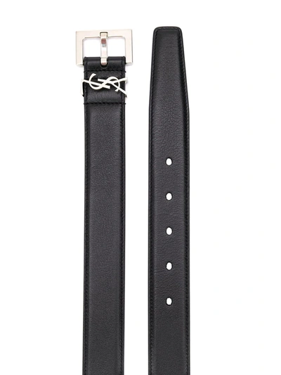 Shop Saint Laurent Cassandre Square-buckle Leather Belt In Black
