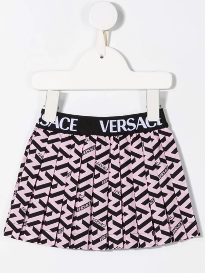 Shop Versace Greca-print Logo-waistband Mini Skirt In Pink