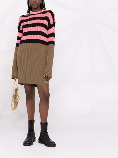 Shop Balmain Striped Colour-block Ribbed-knit Dress In Rosa