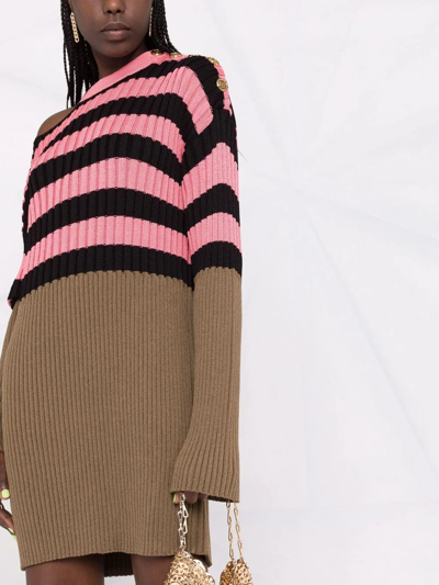Shop Balmain Striped Colour-block Ribbed-knit Dress In Rosa