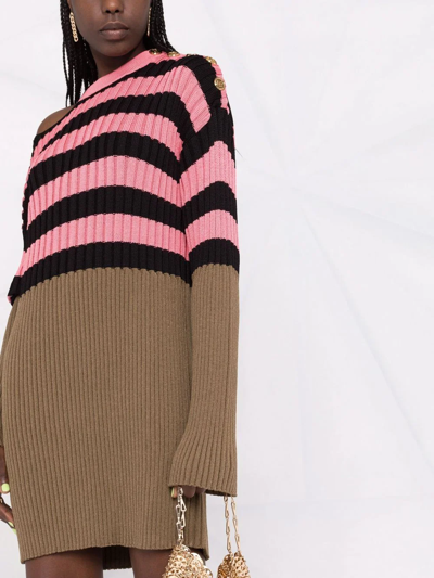 Balmain Striped Colour-block Ribbed-knit Dress In Rosa