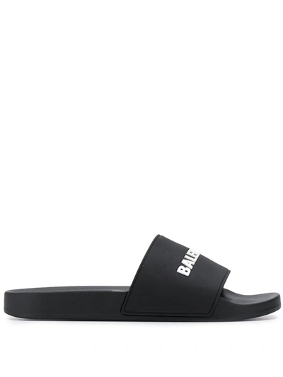 Shop Balenciaga Logo Pool Slides In Black