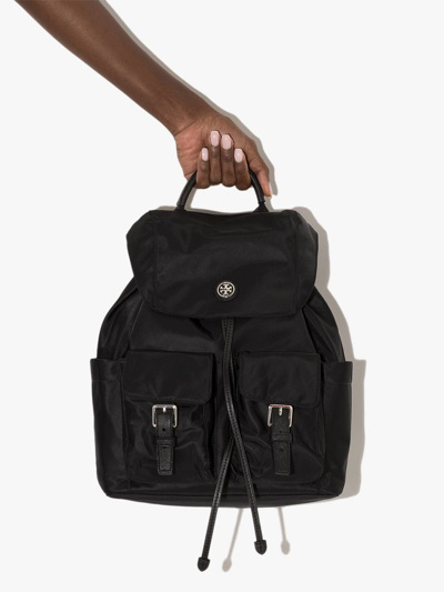 Shop Tory Burch Recycled Nylon Flap Backpack In Black