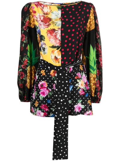 Dolce & Gabbana Belted Patchwork Silk-blend Crepe De Chine Blouse In Black