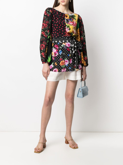 Dolce & Gabbana Belted Patchwork Silk-blend Crepe De Chine Blouse In Black