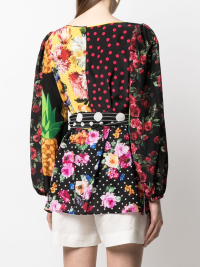 Dolce & Gabbana Belted Patchwork Silk-blend Crepe De Chine Blouse In Black