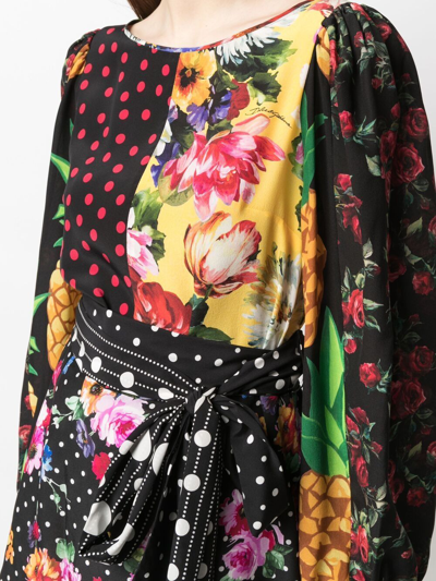 Dolce & Gabbana Belted Patchwork Silk-blend Crepe De Chine Blouse In Black