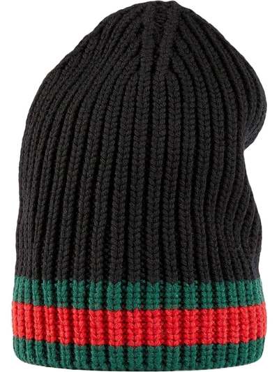 Shop Gucci Web-stripe Wool Beanie In Black