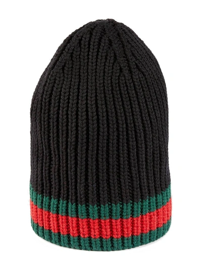 Gucci Ribbed Black Beanie With Striking Greenaccent In Black