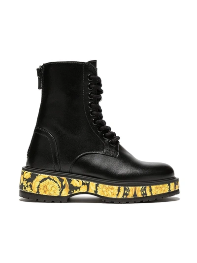 Shop Versace Barocco-print Leather Boots In Black