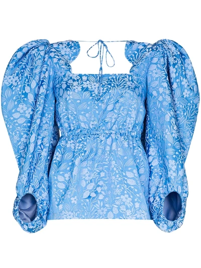 Shop Rosie Assoulin Madame Butterfly Silk Floral-jacquard Top In Blue