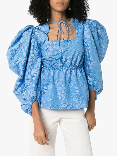 Shop Rosie Assoulin Madame Butterfly Silk Floral-jacquard Top In Blue
