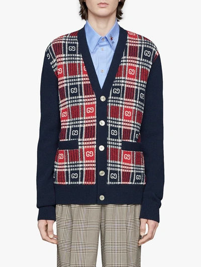 Shop Gucci Gg Check Wool Cardigan In Blue