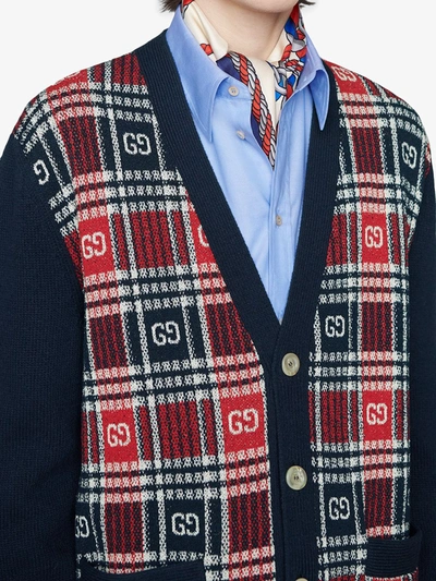 Shop Gucci Gg Check Wool Cardigan In Blue