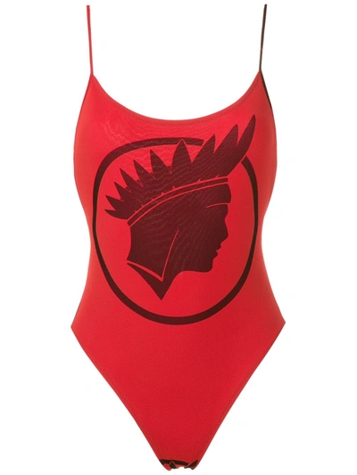 Shop Amir Slama Índio Print High Cut Leg Swimsuit In Red