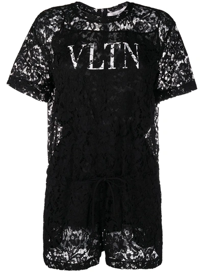 Shop Valentino Vltn Floral Lace Playsuit In Black