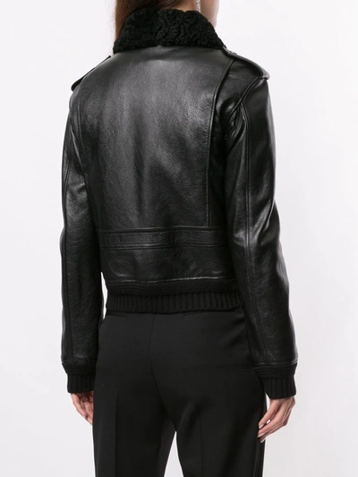 Shop Saint Laurent Leather Bomber Jacket In Black