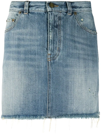 Shop Saint Laurent Distressed Denim Skirt In Blue